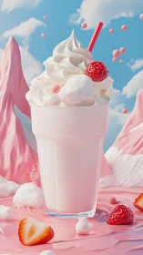 Milkshake stands amid stylized strawberries and whipped cream