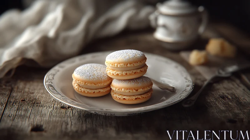 Powdered vanilla macarons quietly reign on rustic porcelain