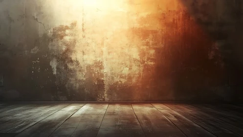 Golden light washes a weathered wall and empty wood floor