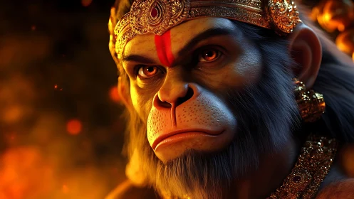 Mythic simian warrior portrait in molten gold rim light.