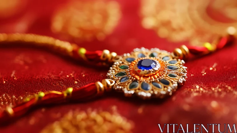 Sparkling rakhi jewel rests softly on rich red silk