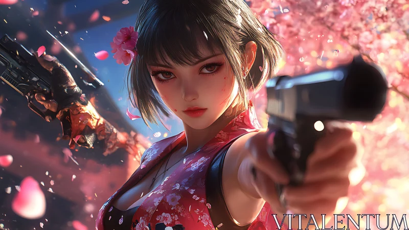 Female gun wielder stands amid cherry blossoms in focus