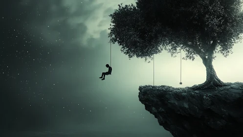 Lone night-swinger drifting on a cliff of quiet stars.
