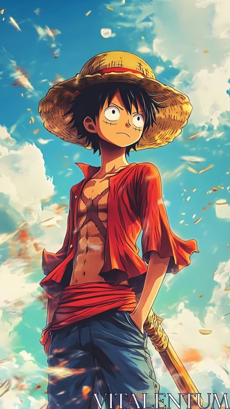 Straw hat adventurer standing under windswept skies.