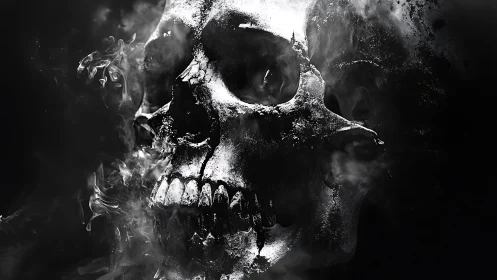 Monochrome human skull rendered in smoke and shadow detail.