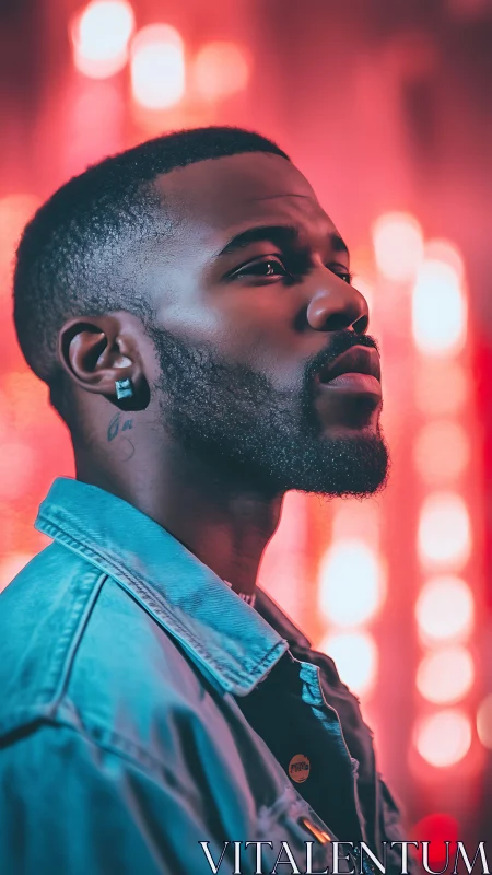 Portrait shows man in profile against vivid pink bokeh lights