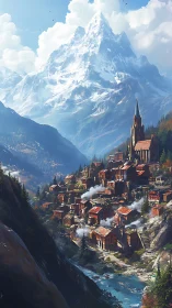 Alpine river settlement beneath glaciated spire mountain peak.