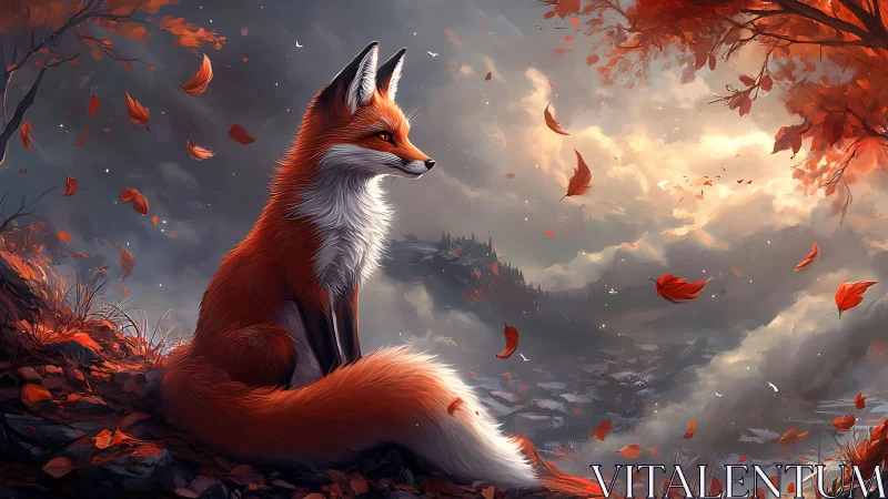 Red fox watches stormlit valley under swirling autumn leaves.