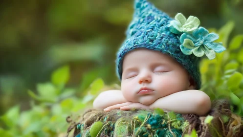 Newborn sleeping in knitted hat in soft green garden scene.