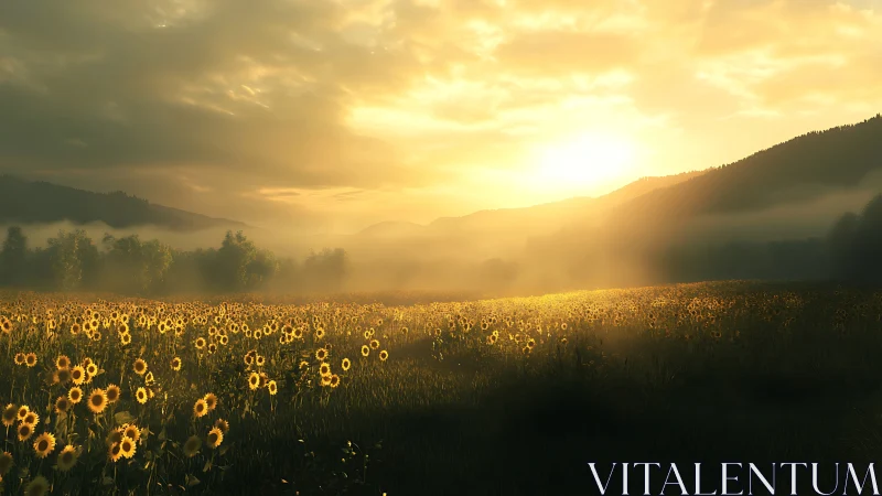 Low-angle sunrise illuminates dense sunflower field with atmospheric haze