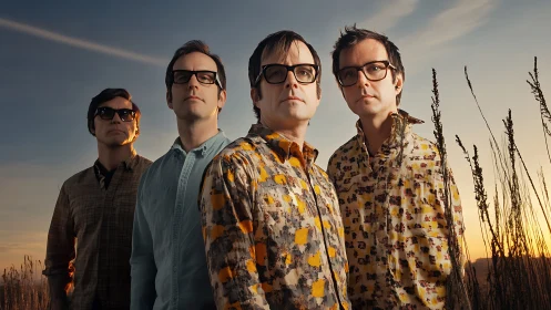 Four men in patterned shirts stand outdoors at sunset