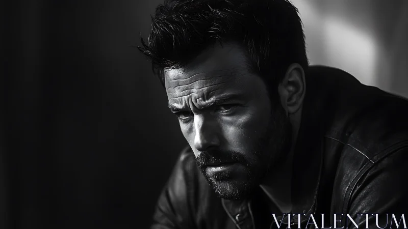 Brooding man in leather jacket under harsh side light