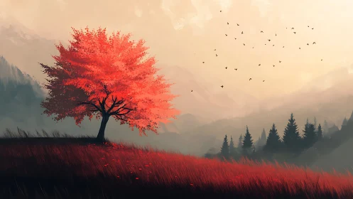 Crimson sentinel tree guarding misty mountain horizons.