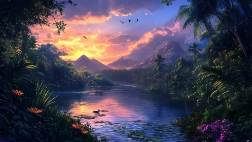 Sunset river through lush tropical jungle valley panorama.