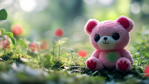 Pink plush bear toy in soft-focus forest clearing scene.