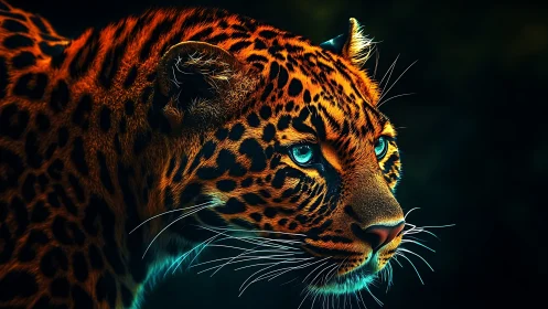 Leopard Portrait with Turquoise Eyes Against Dark Background