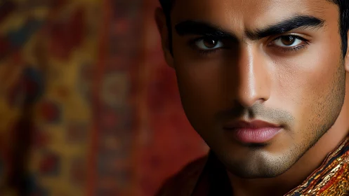 Male portrait close-up with patterned textile backdrop.