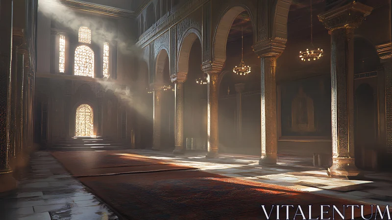 Digital painting of sunlit Islamic interior with arches and rugs.