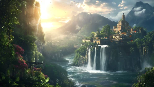 Cliffside river valley with tiered fortress settlement.