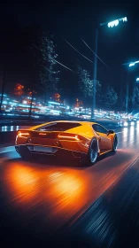 Orange sports coupe on wet urban road at night.