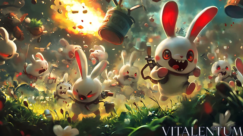 Battle-crazed cartoon bunnies charge through explosive forest