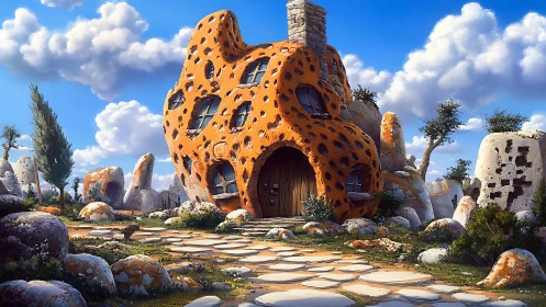 Whimsical orange rock house glows under bright summer skies