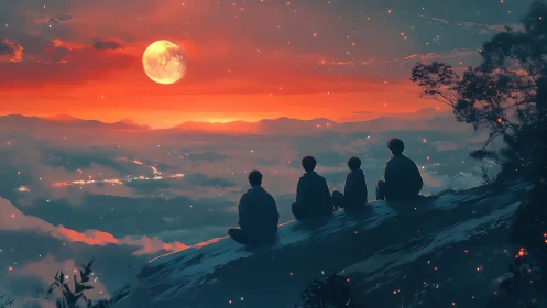 Moonlit friends on a ridge under burning crimson sky.