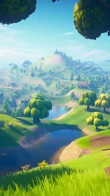 Sunlit stylized valley with winding river and distant hills.