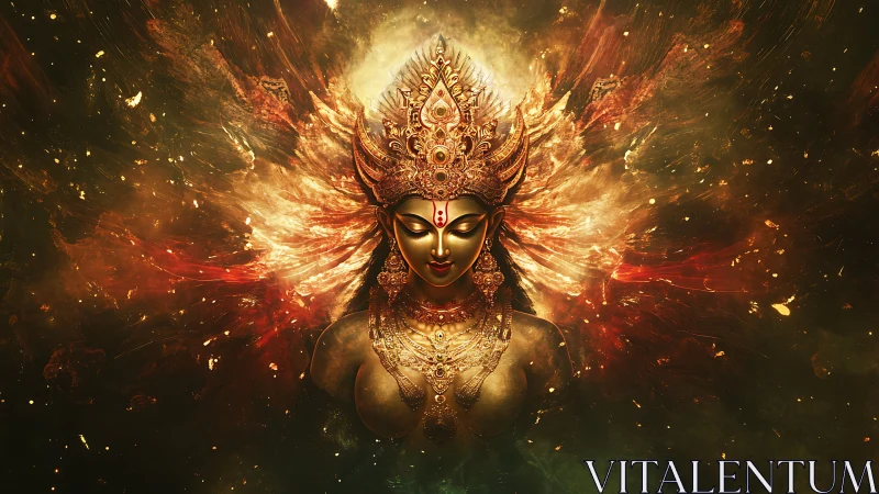 Golden fire goddess emerges from cosmic embers