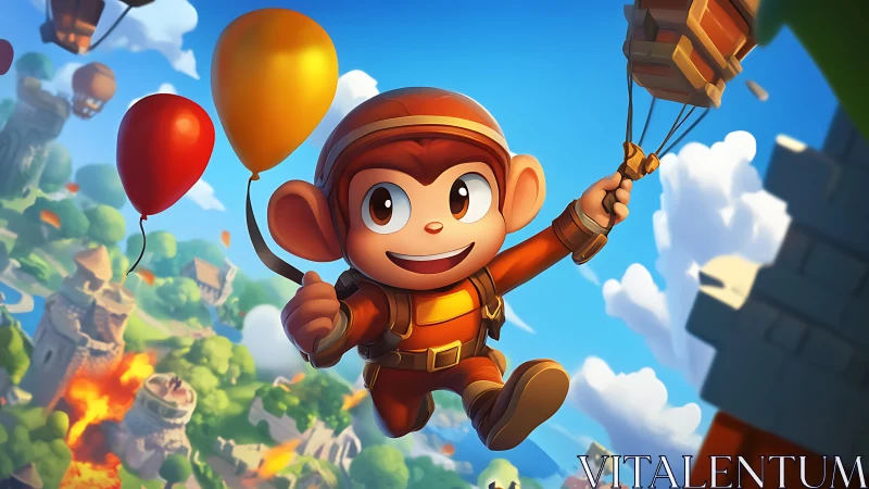 Cartoon monkey paratrooper flying among bright balloons.