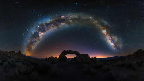 Starry desert arch beneath a sweeping Milky Way bridge.