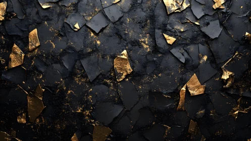 Abstract black cracked texture with gold leaf accents, modern art.