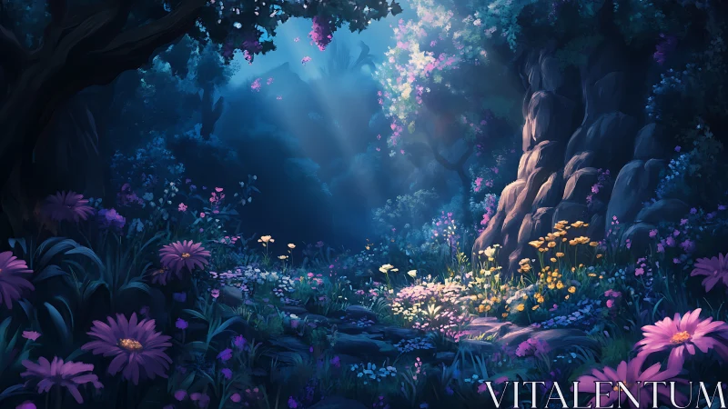 Enchanted forest clearing with glowing wildflower meadow.