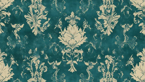 Vintage teal damask wallpaper with distressed floral ornaments