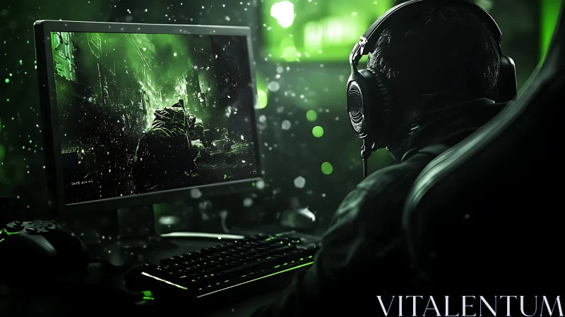 PC gamer at desk with green-lit monitor and peripherals.