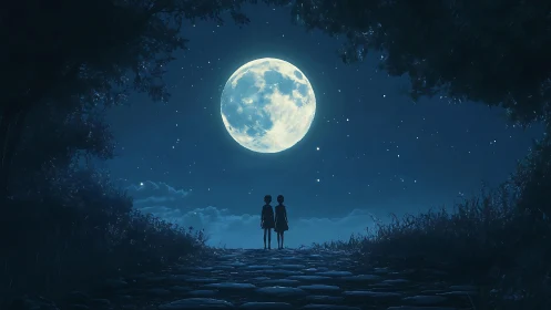 Two children stand on a moonlit path under night sky.
