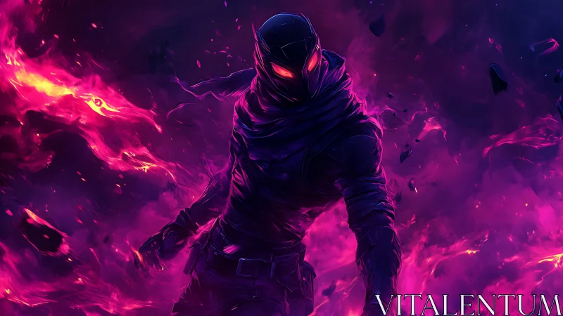 Shadowy cyber assassin strides through neon violet flames