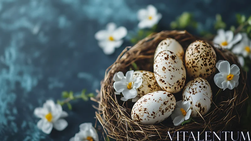 Speckled quail eggs rest in woven nest with white flowers.