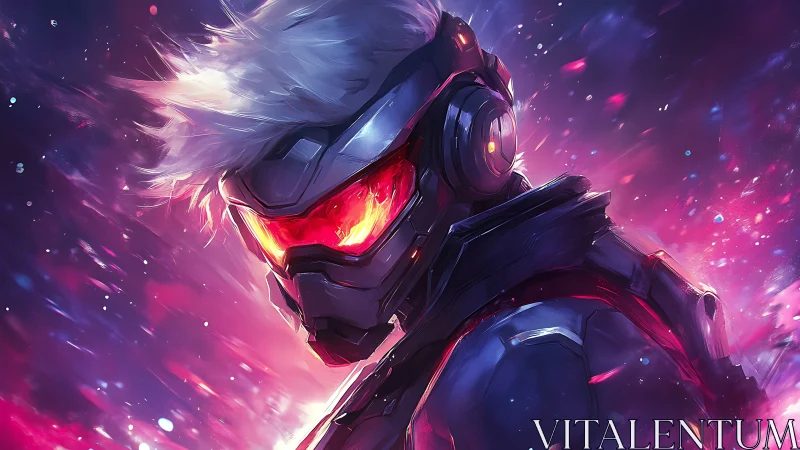 Cybernetic warrior ignites neon storm in deep space.