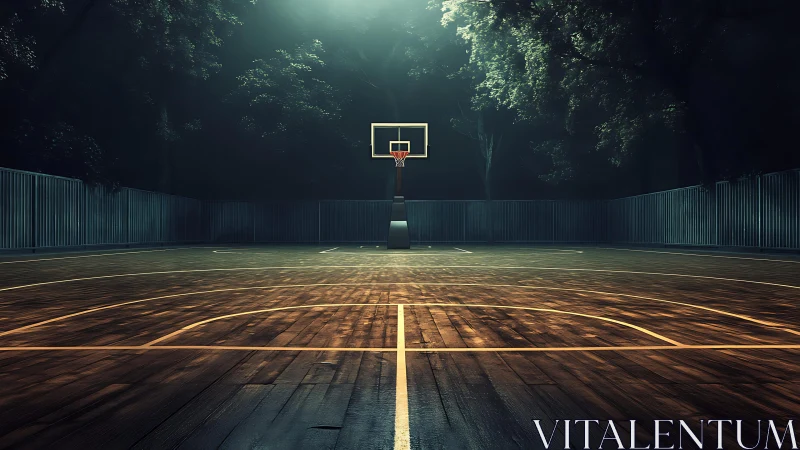 Empty outdoor basketball court under focused night lighting.