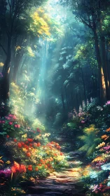 Luminescent Forest Pathway: Enchanted Garden Through Canopy.