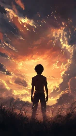 Silhouetted figure stands before dense orange evening sky