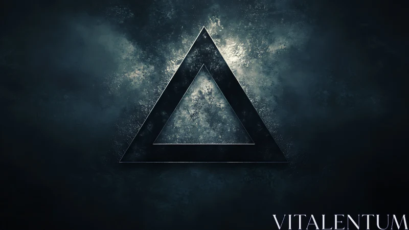 Dark metallic triangle glows against textured cosmic void.