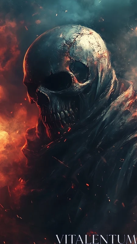 Ember-crowned skull spirit walking through swirling fire.