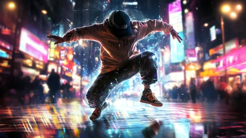 Urban street dancer in dynamic pose under neon city lights.