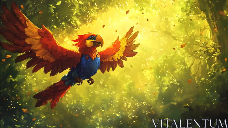 Vibrant parrot soaring in sunlit forest, digital painting style.
