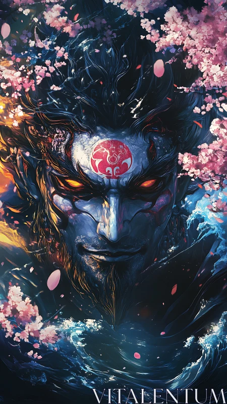 Stormlit spirit beneath cherry blossoms and swirling sea magic.