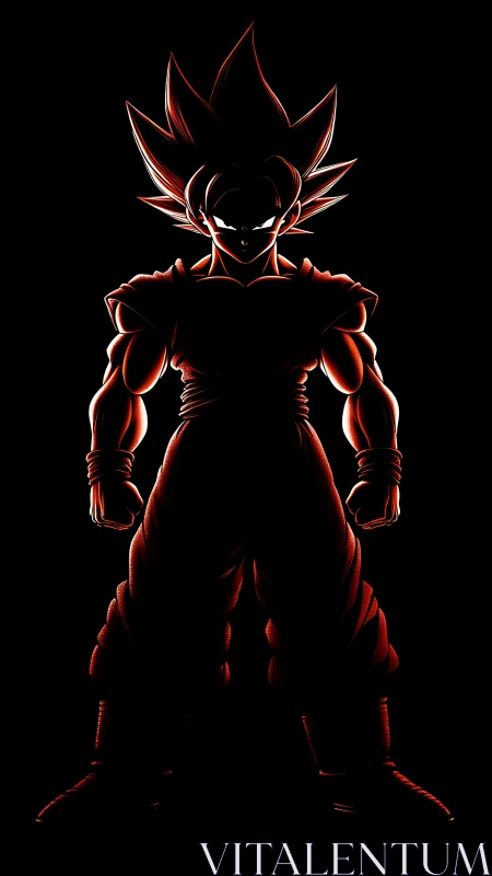 Silhouetted anime warrior in red rim light, minimal noir profile.