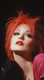 Close-up portrait of woman with red hair and glossy lips.