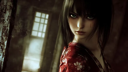 Brooding anime heroine in kimono rendered with cinematic lighting